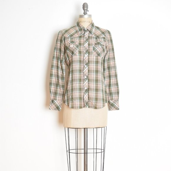 vintage 70s top shirt thin plaid olive green western cowgirl blouse S M - Picture 1 of 7